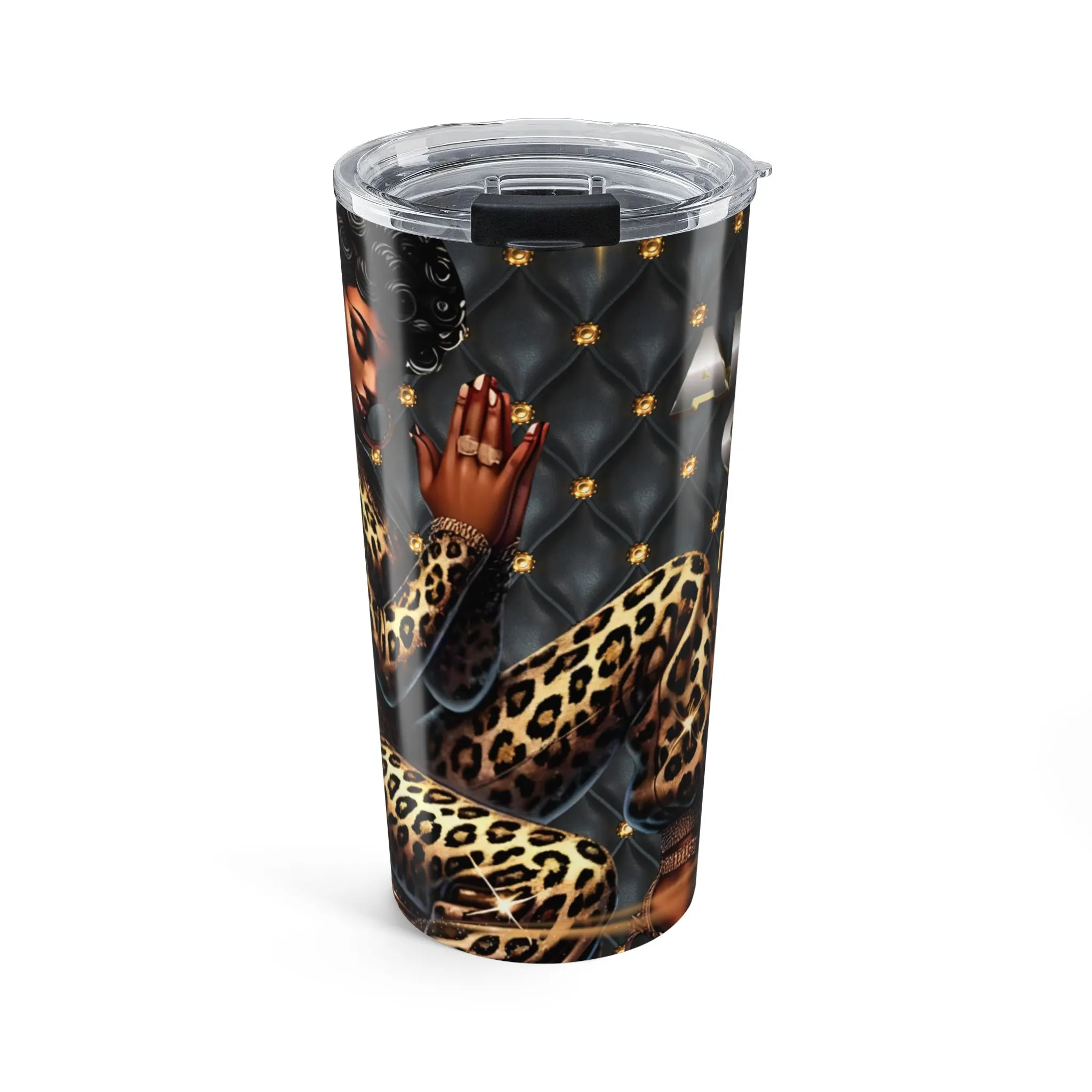 Leopard Print Diva Tumbler 20oz Black Quilted Gold Rose Design Stainless Steel Flask with Clear Lid for Hot Cold Drinks Portable Drinkware