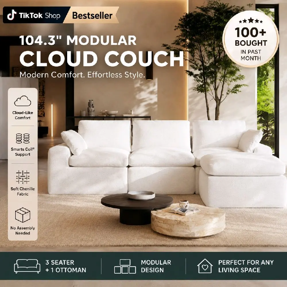 104.3" Modular Cloud Couch with Ottoman | Ultra Plush Chenille Boneless Sectional Sofa, Smart Coil Support, No Assembly, Deep Seat 3-Seater L-Shaped Couch for Living Room, Apartment & Bedroom, White, Cinna couch
