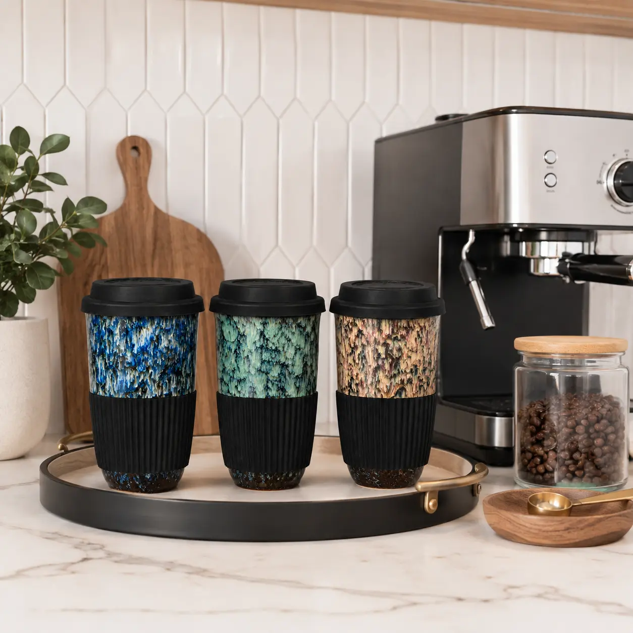 Home Cafe Coffee Mug, Aesthetic Ceramic Cup with Lid & Silicone Sleeve for Coffee Lovers, Cozy Weekend Morning Coffee and Afternoon Tea Time 16oz