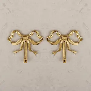 Bow Wall Hooks Brass (2 Pcs) Christmas Wall Decor Gold Hooks Door Hanger Towel Multi-Purpose Hooks for Hanging for Bathroom Living Room Kitchen Decor Christmas Birthday Gift (S)
