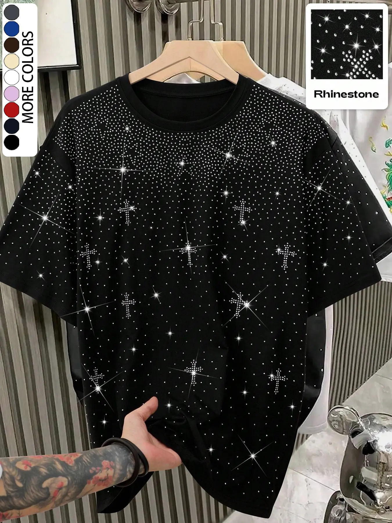 Unisex Rhinestone Cross Pattern T-Shirt, Street Style Casual Glam Top, Sparkling Fashion Design, Perfect for Daily Wear & Night Out, Fit