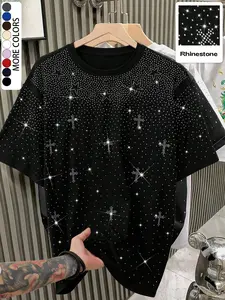 Unisex Rhinestone Cross Pattern T-Shirt, Street Style Glam Top, Sparkling Fashion Design, Perfect for Daily Wear & Night Out
