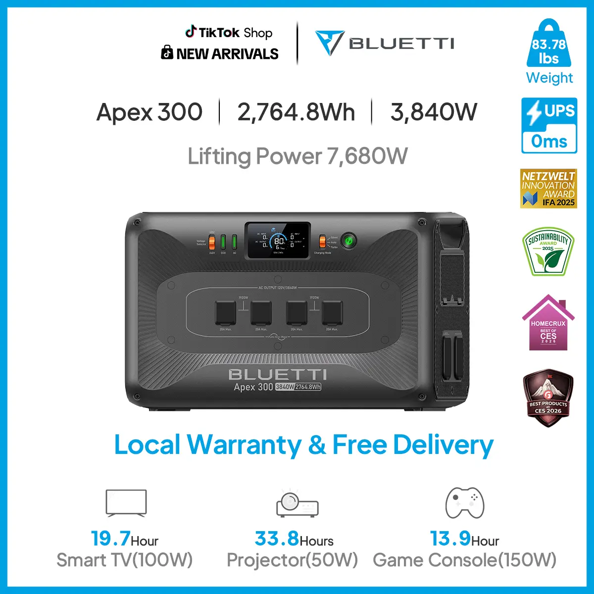 BLUETTI Apex 300 Portable Power Station, 2764.8Wh LiFePO4 Battery, 3840W Max AC Output, Expandable for Home Backup, RV & Off-Grid