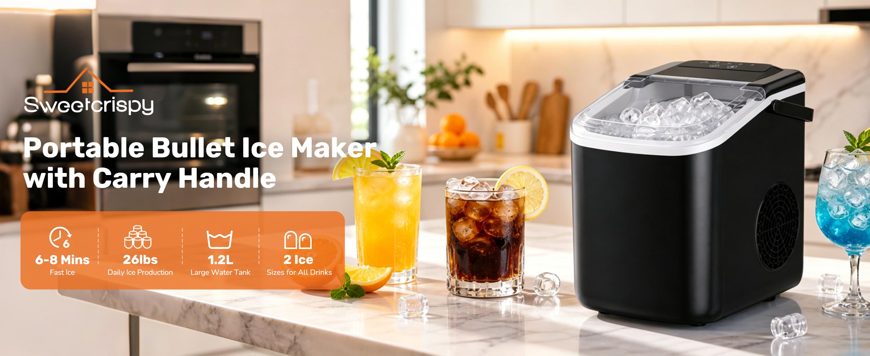 Countertop Ice Maker Machine, 26lbs Daily Output Portable Ice Maker with 1.2L Water Tank, 6-8 Mins Fast Ice Making, S/L Bullet Ice Size, Low Noise Ice Machine for Home, Kitchen, Camping & Bar Party