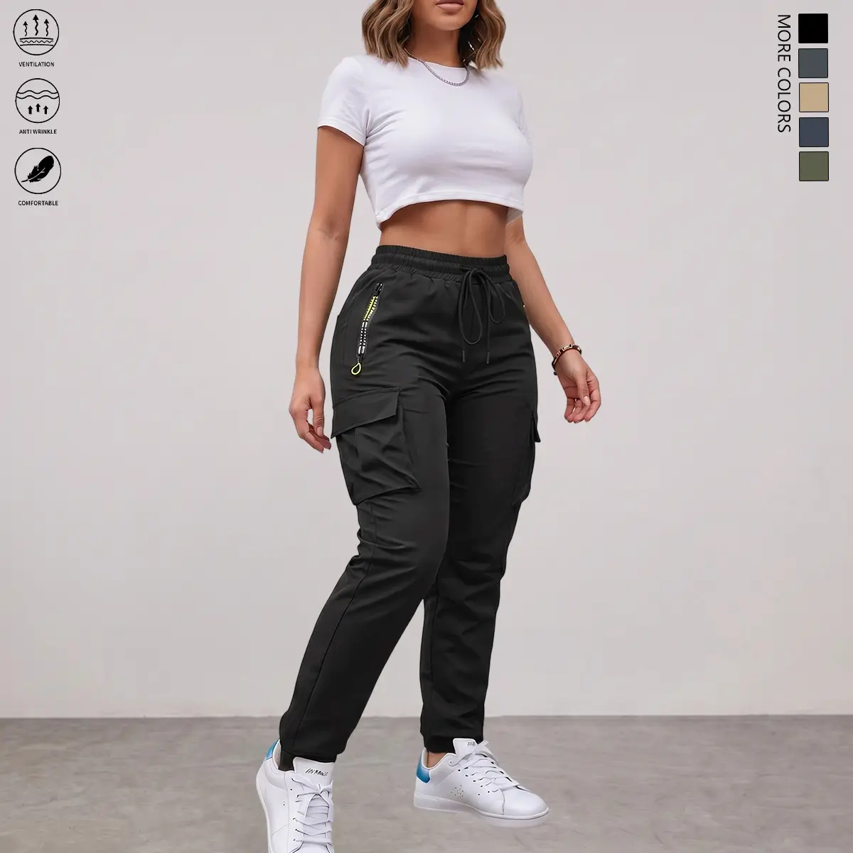 Women's Lightweight No-Stretch Straight-Leg Casual Cargo Pants - Drawstring Adjustable Waist, Multiple Pockets, Stylish Zippered Pocket, All-Season, Workwear Style Pants, Ideal for Outdoor Activities & Everyday Wear, Waist-Level Pants, Utility Style Pants