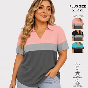 ROSRISS Women's Plus-Size Rayon V-Neck Collared Shortsleeve Polo Shirts - Breathable, Loose-Fitting, Feminine Color Block Summer Tops, Comfortable Everyday Elegant Casual Clothes RPS2149