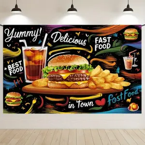 Reusable Polyester Vibrant Fast Food Banner - Hamburger And Fries Themed Indoor Backdrops, Outdoor Banners for Birthday Party Wall Decoration