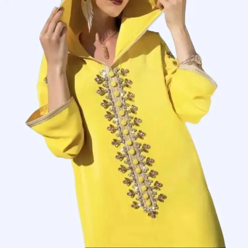 Yellow Arabic Kaftan Midi Dress with Intricate Embroidery - Women's Casual & Comfortable Garment for Summer Days