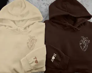 Roman Numeral Embroidered Matching Hoodie, Custom Initials With Heart Sleeve Jumper, Custom Anniversary Date Couple Hoodies, Boyfriend Gift