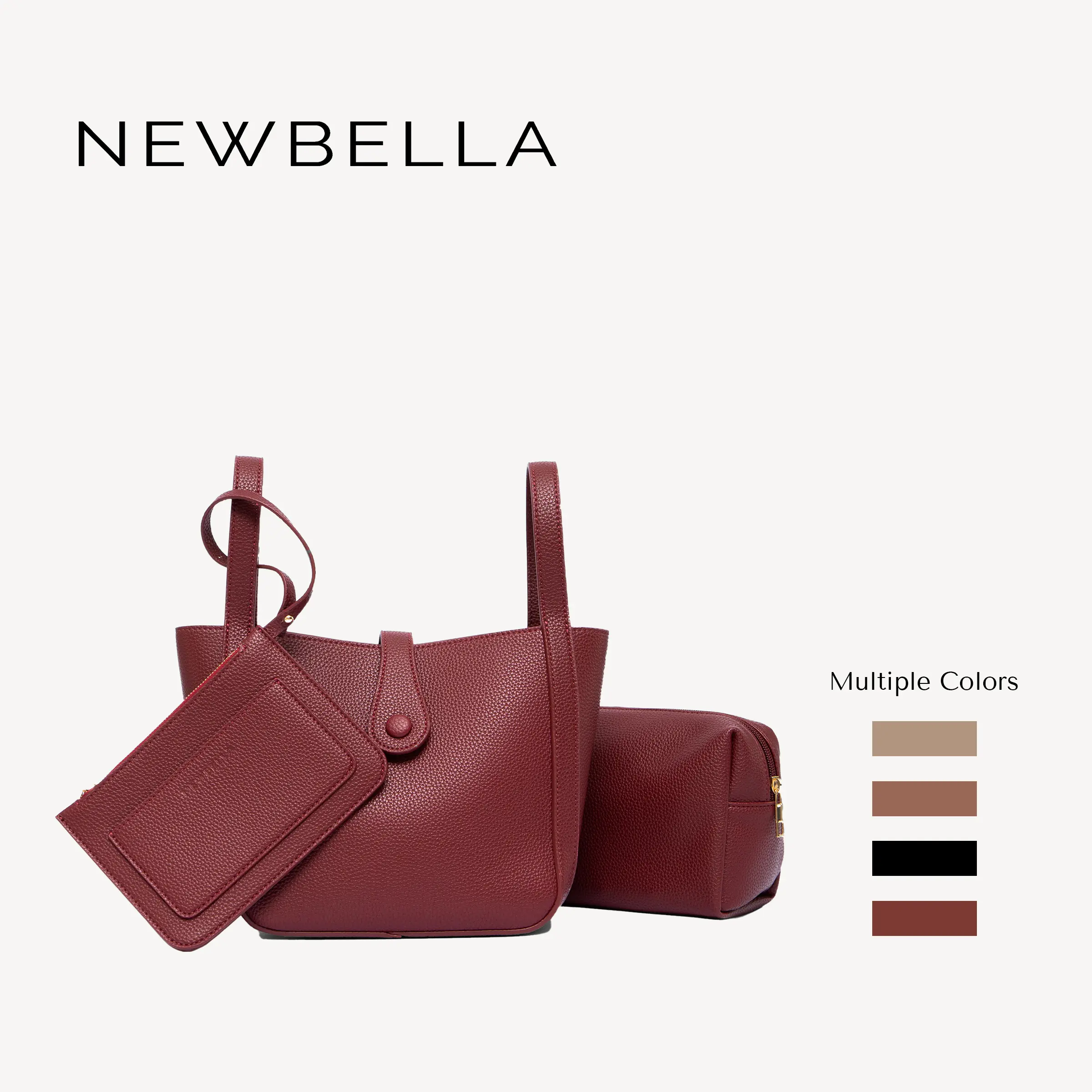 NEWBELLA Women's 3-PC Minimalist PU Leather Bucket Bag Set - Handbags for Women, Top Handle Crossbody with Adjustable Detachable Strap, Compact Wallet with Card Slots, Magnetic Closure, Contemporary Detachable 4-in-1 Handbags, Detachable Women's Handbags