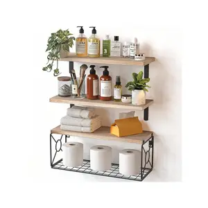 Floating Shelves, Bathroom Shelves Over Toilet, Wall Mounted Floating Shelves With Wire Basket, Wooden, 3 Shelves, 16.5x6x5.5 In