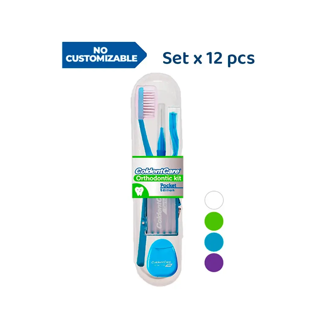 ColdentCare Orthodontic Kit Pocket - Set x 12 pcs - Compact and Complete Oral Care Set with Toothbrush, Floss, Wax, Threaders, Interdental Brush, and Case