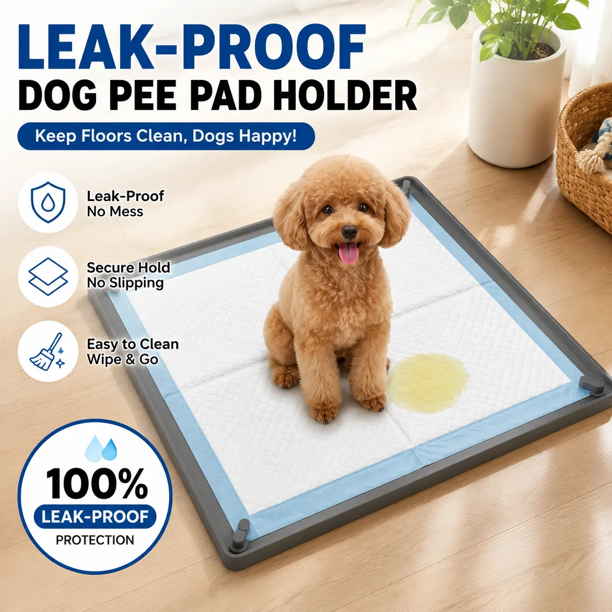 Dog Foldable Puppy Pad Holder - BPA-Free Waterproof Silicone Tray with 4 Magnetic Clips Lock, Raised Edges, Compact Folded Design for Travel, Indoor Flooring Protection & No Mess Puppy Toilet Training