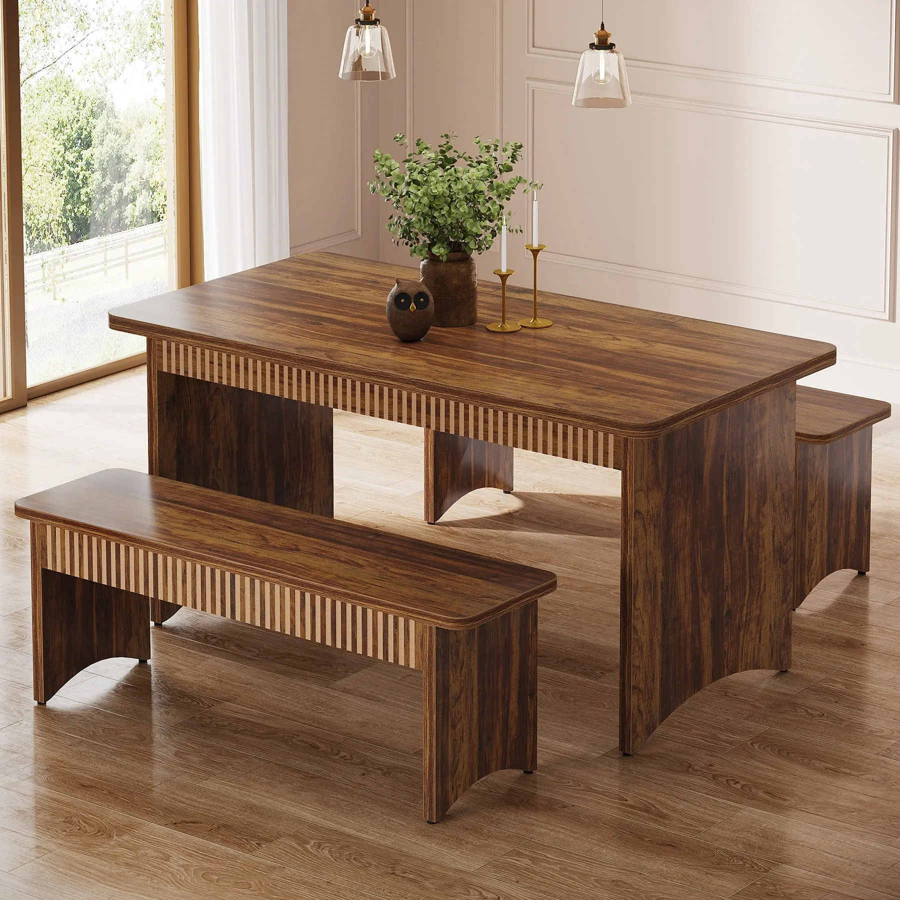 Spaco Farmhouse Dining Table Set - 55-Inch 3-Piece Wood Kitchen Set with 2 Benches, Space-Saving for Small Spaces, Indoor Home Furniture for 4-6 People, Farmhouse Table Set, Dining Table Set Of 4,dorm essentials,home decor