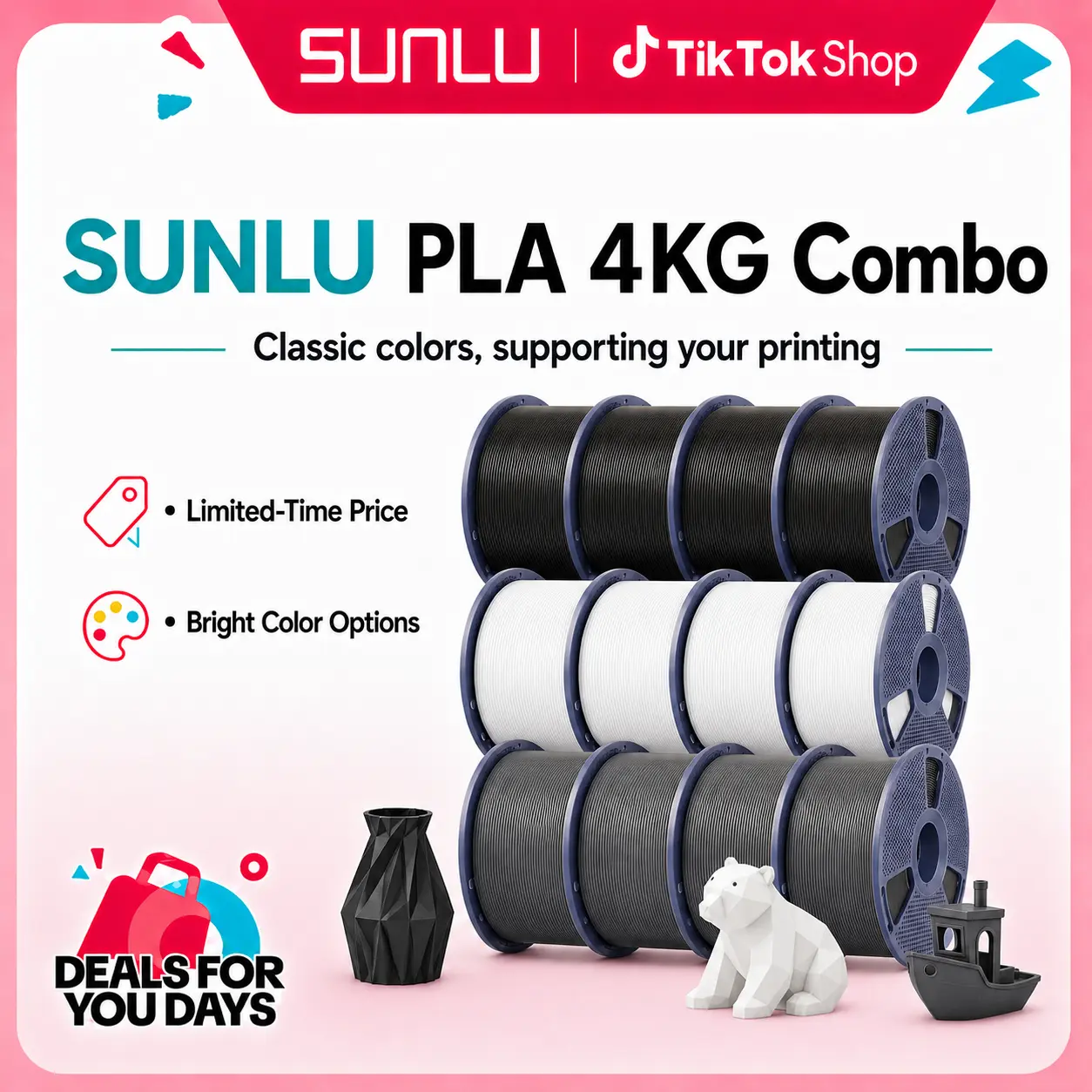 SUNLU Polylactic Acid (PLA) 3D Printing Filament 4KG Same-Color Mega Pack (1kg x 4 Rolls), High-Speed Plastic Material for 3D Printing Enthusiasts, 1.75 mm Diameter, 2.50" Width (Black/White/Grey), Printing Supplies