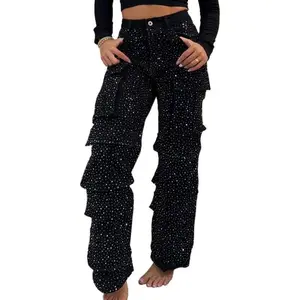 Women's Rhinestone Casual Cargo Jeans High Waisted Bling Sparkly Y2K Baggy Wide Leg Diamond Denim Trousers Multi-Pocket