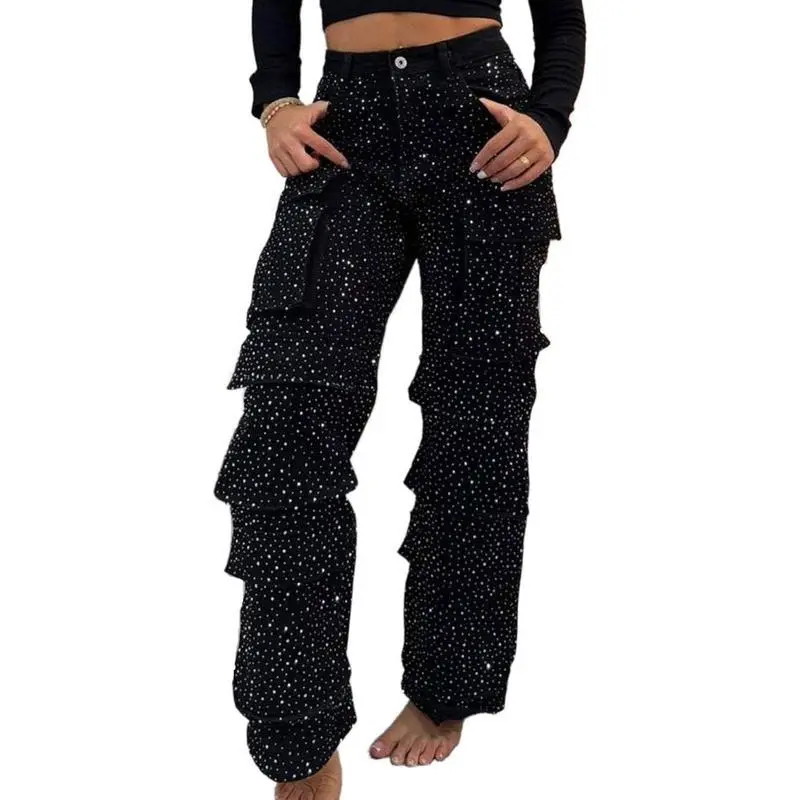 パンツ wide baggy rhinestones slacks Men's Rhinestone-Embellished Baggy Straight Black Jeans, Oversized