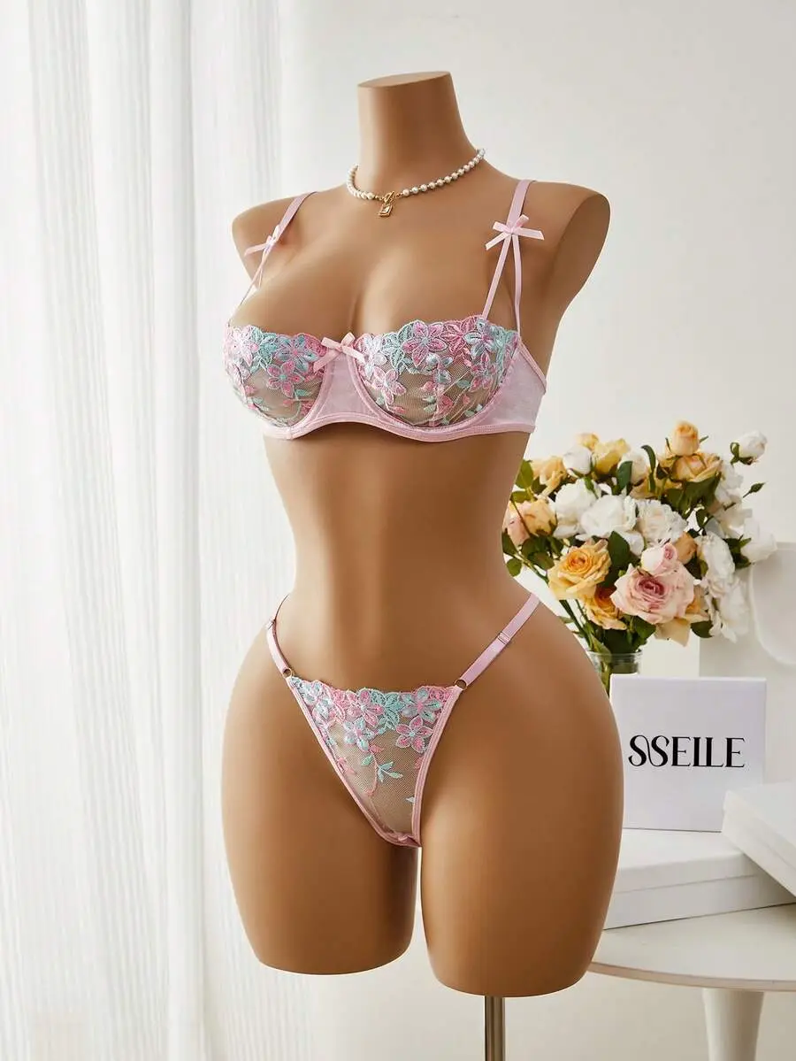 Romantic Pink Floral Embroidery Lingerie Set - Sexy Underwire Satin Bra & Panty 2PC Valentines Day Set