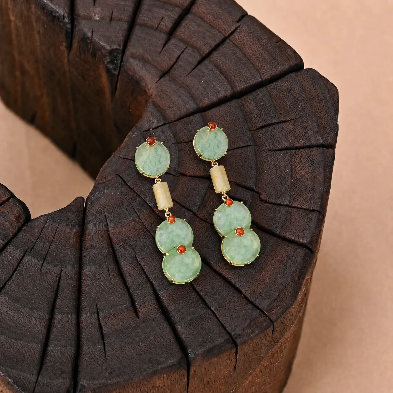 The 14k gold "Axis" Carved Green & Yellow Jadeite Drop Earrings | Vert Jade