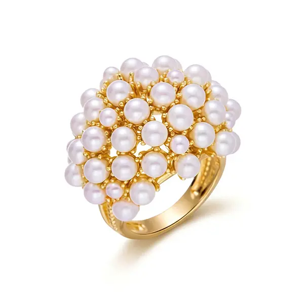 Women's Small Plastic Vintage Gold Flower Ring with Clustered Pearls - Dainty Wedding Jewelry for Prom & Daily Looks, Perfect Gift, Sizes 6-10