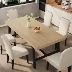 7‑Piece Dining Table Set for 6‑8 – 71″ Heavy Duty Industrial Kitchen Table & 6 Padded High Back Chairs with Nailhead Trim – Modern Farmhouse Dining Room Furniture Set