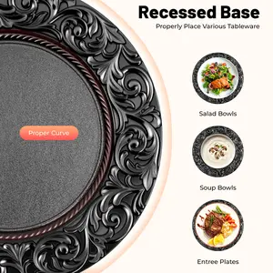100 Pcs Black Antique Charger Plates  13 Inch Embossed Rim Plastic Decorative Round for Dinner Wedding Party Event Table Setting Decoration