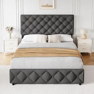 Gaomon Full-Size Upholstered Platform Bed Frame - Customizable Adjustable Headboard with Custom Heights, 4 Storage Drawers, Diamond Stitched Button Tufting, Easy Assembly, No Box Spring Needed, Gray