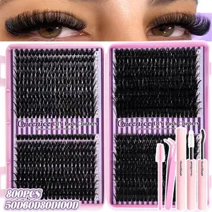 640/740/800pcs D Curl Individual Eyelash Clusters with Bond And Seal, Tweezers, Brush Set Beginner Friendly, High Capacity Eyelash Book Suit for Different Makeup Beauty, Long Lasting Dense False Eyelashes, Gift for Women Lash Clusters Kit
