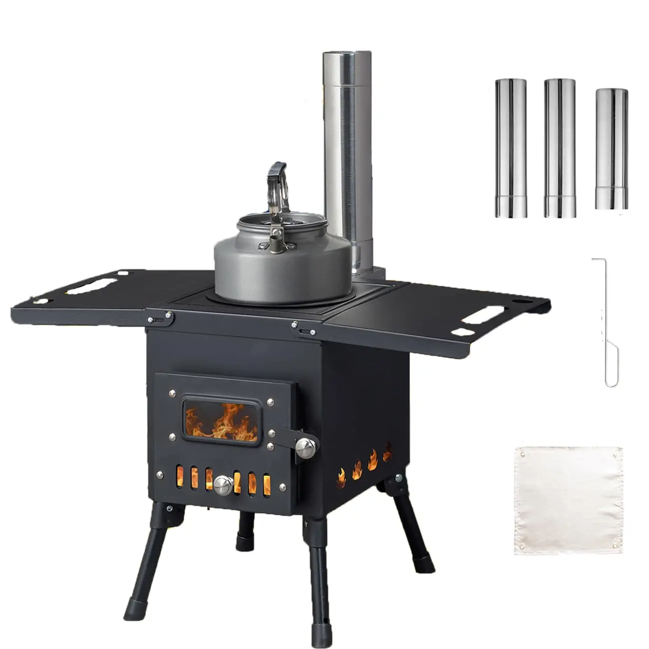 Wood Burning Stove, Wood Stove With Chimney Pipes, Small Camping Wood Stove With Anti-Spark and Adjustment Pipe for Hunting,fishing,Cooking,Heating,Drying Clothes double-layer Hot Tent Stove winter Camping gear