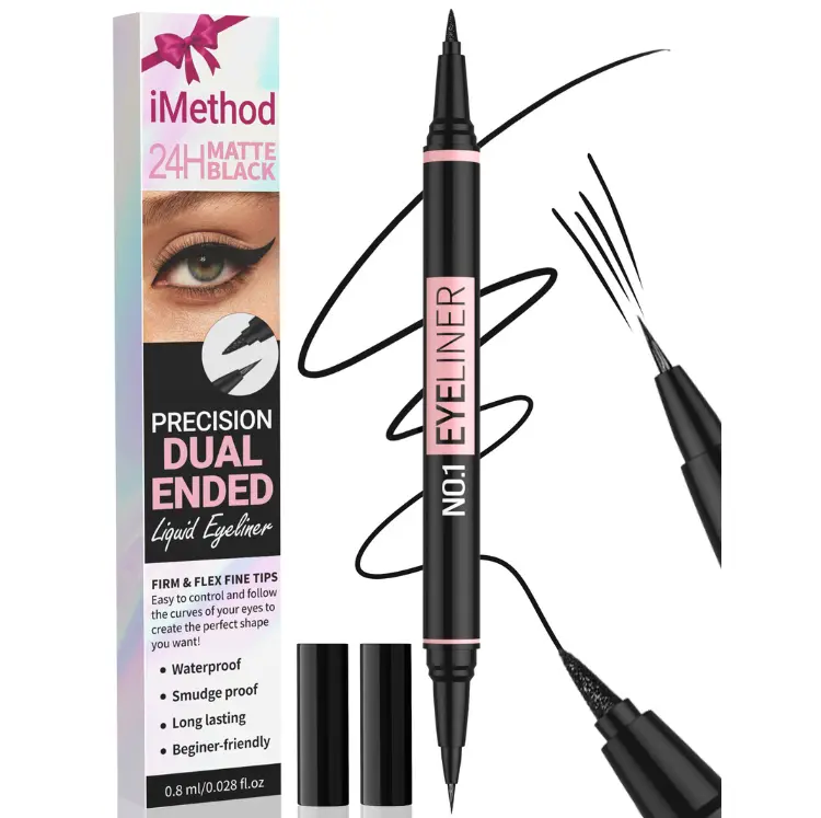 iMethod 2-in-1 Liquid Eyeliner Pen, Dual-Ended with Precise Brush & Thick Tips for Precision Makeup, Waterproof & Smudge-Proof Matte Black Finish, Cosmetic, Easy Eye Makeup, Long Wear Eyeliner, Dark Eyeliner