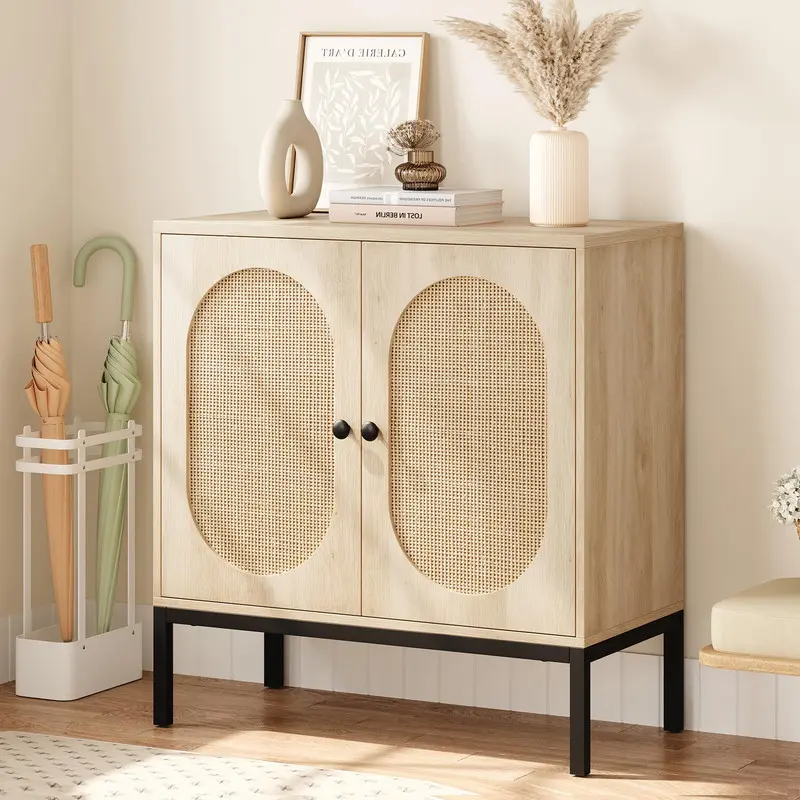 Beige/Khaki Buffet Cabinet, Rattan Storage Cabinet with Doors and Shelves, Accent Cabinet Sideboard, Console Cabinet with Storage Entryway Cabinet for Living Room, Dining Room, Hallway