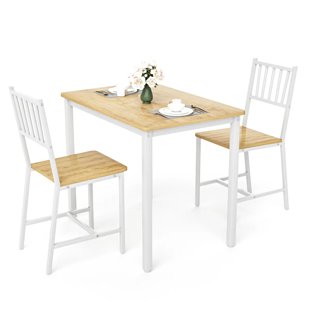 Dining Table Set, Bar Table with 2 Dining Benches, Kitchen Table Counter with Chairs, Industrial for Kitchen Breakfast Table, Living Room, Party Room,Natural and White,35.4″L x23.6″W x 29.7″H