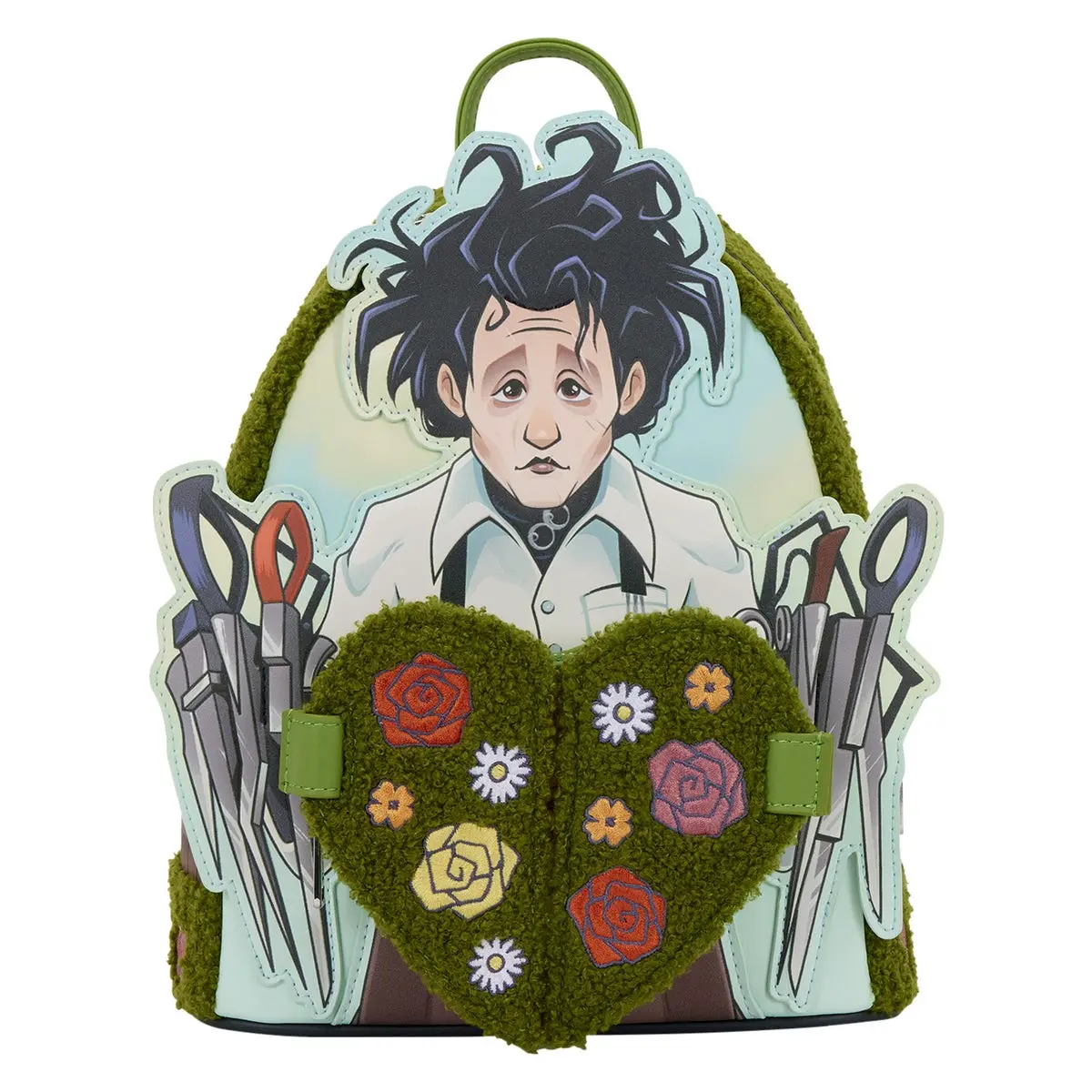 Loungefly Edward Scissorhands Sherpa Heart Mini Backpack in Faux Leather with Roses and Adjustable Shoulder Straps, Sturdy Top Handle, Twentieth Century Studios, Safety Pin Straps