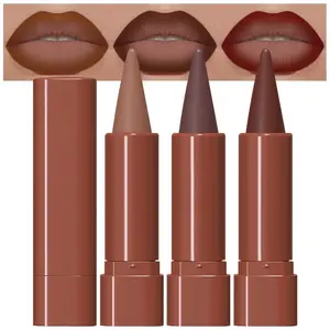 3Pcs Warm Brown Maroon Dark Wine Red Gradient Matte Lipstick Lip Liner Crayon Combo Pencil Set for Women Long Lasting, Cream Lip Liner and Lipstick Combo Makeup，Flawless Gradual Ombre Effect