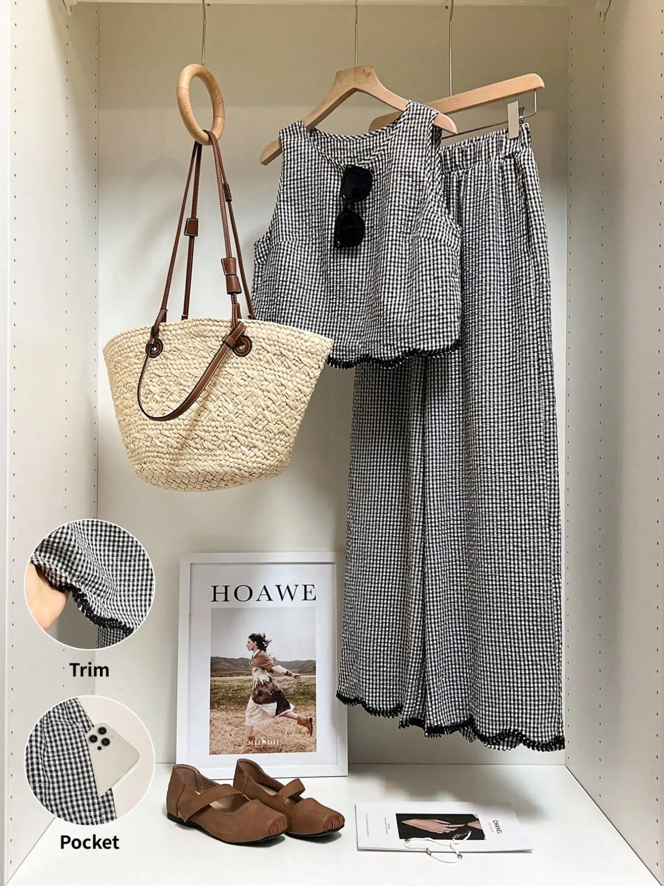 Women's Gingham Loose-Fit Summer Set, Matching Outfit Set, Sleeveless Crop Top Vest & High-Waisted Wide-Leg Pants, Casual Two-Piece, Slimming Effect, Loose Pant Sets