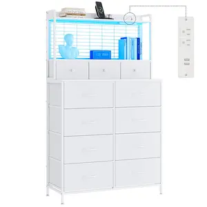 Garvee Smart Dresser with 11 Fabric Drawers, Built-in Charging Station & App-Controlled RGB LED Lighting - Industrial Storage Organizer with Anti-Tipping Design for Bedroom, Living Room, Closet, White