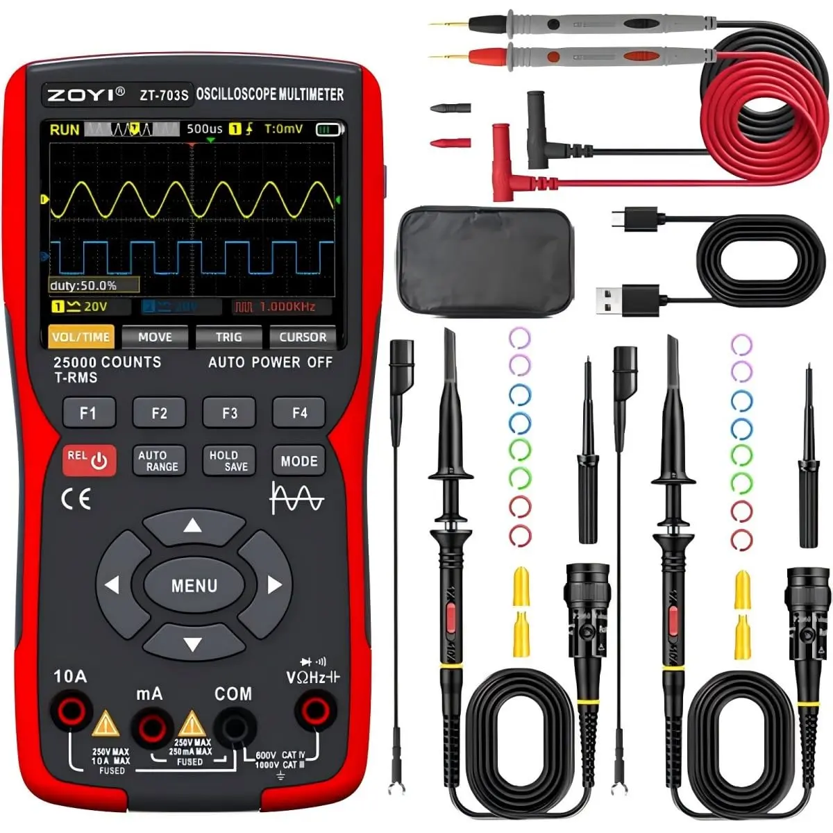 ZT-703S 3-in-1 Handheld Oscilloscope - Dual-Channel, 50MHz, High Precision Digital Multimeter, Signal Generator, 25000 Counts, 250mA, Analog Pointer for Ch1/Ch2, User-Friendly Interface, USB Cable, Automotive Electrical Measuring Tool, Meter Tester, Circu