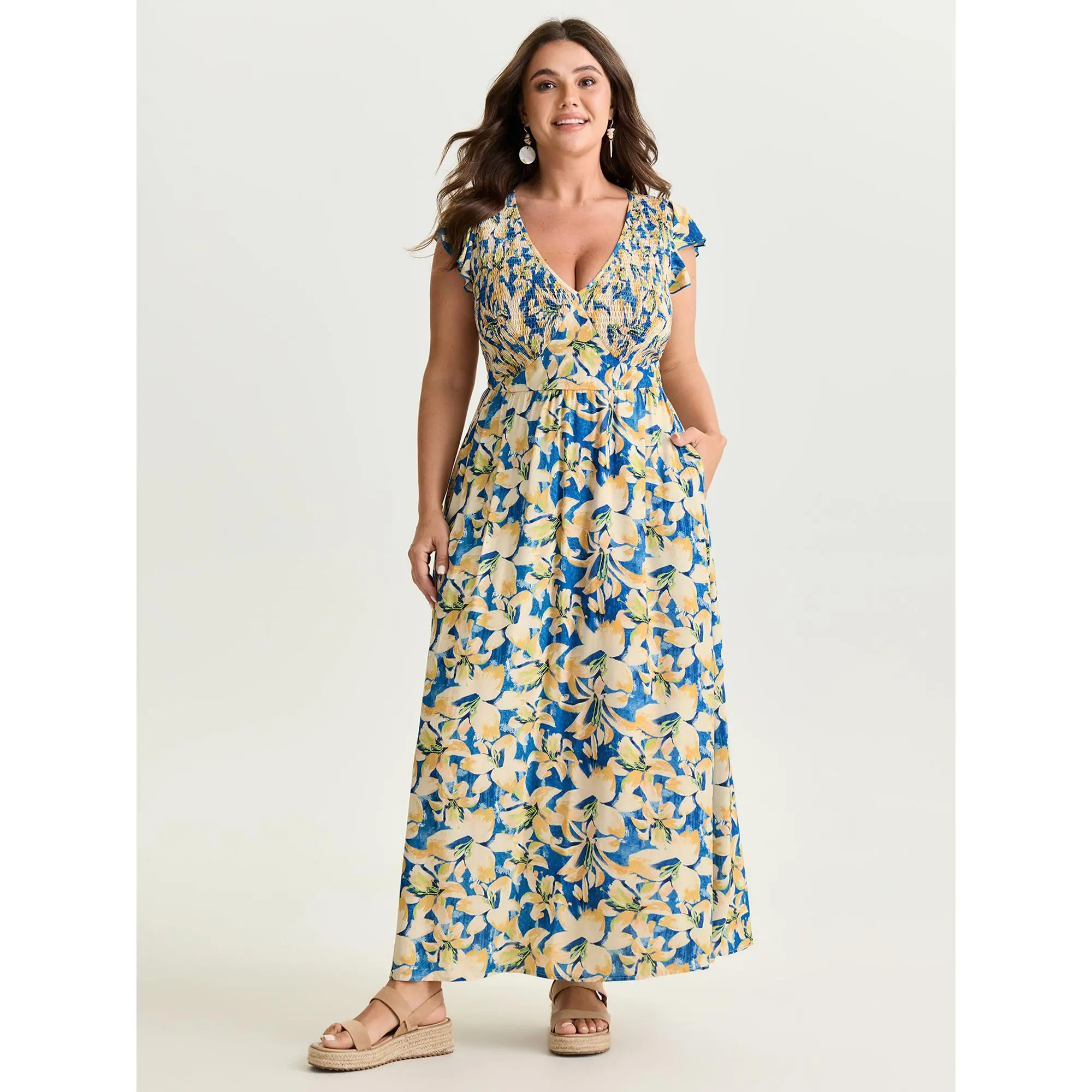 BloomChic Women's Plus Size Floral Rayon Maxi Dress - Pull-On Resort Casual Style with V-Neck, Smocked Bodice, Pockets, Ruffle Sleeves, Curvy Fit, Rayon Shell, 1X-2X Sizes, Cold Wash, No Tumble Dry, Low Iron, Ruffle Sleeve