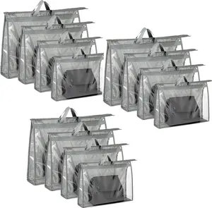 12 Packs Dust Bags for Handbag, Clear Purse Storage Organizer Bag for Closet with Zipper and Handle, 4 Size Hanging Dust Cover Bag for Purse Crafts Protector