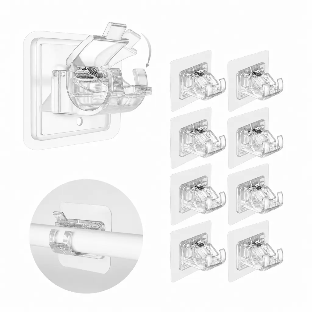 No Drill Plastic Curtain Rod Brackets 8/12 Pack - Back to School Clear Self Adhesive Holders with Clips for 1-2cm Poles, Damage Free Wall Mount for College Dorm, Apartment Bathroom, Shower & Towel Rods