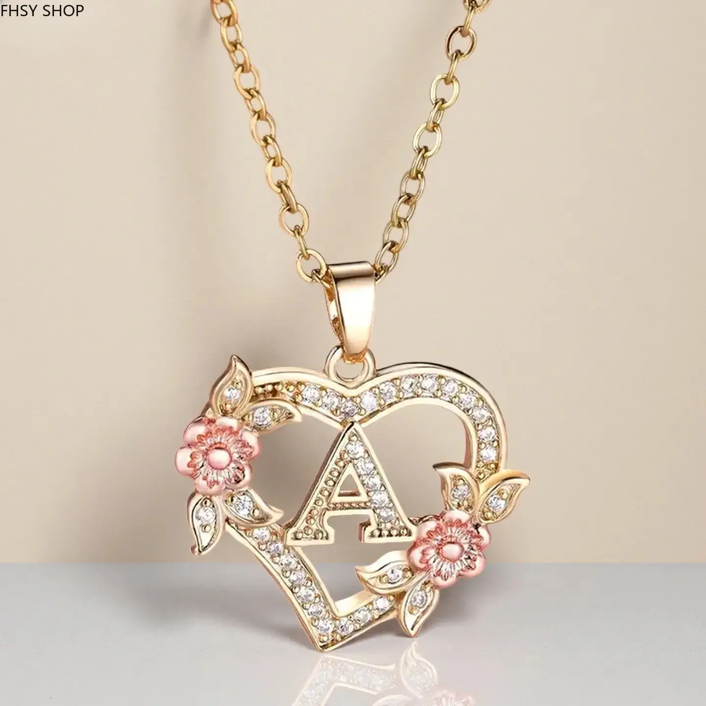 FHSY SHOP Initial A Necklace 14K Gold Plated Heart Pendant with Flowers & Crystals for Women, Everyday Wear, and Thoughtful Gifts