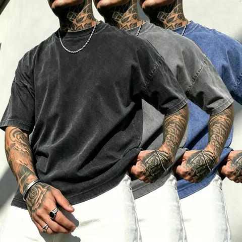Men’s Heavyweight Oversize Crew Neck Casual Basic T-Shirts (1-3 Packs) - Washed Finish Lived-In Look, Vintage Distressed Alternative Grunge Streetwear, Loose Fit Denim Shades Black+Coffee Polyester Menswear Tops