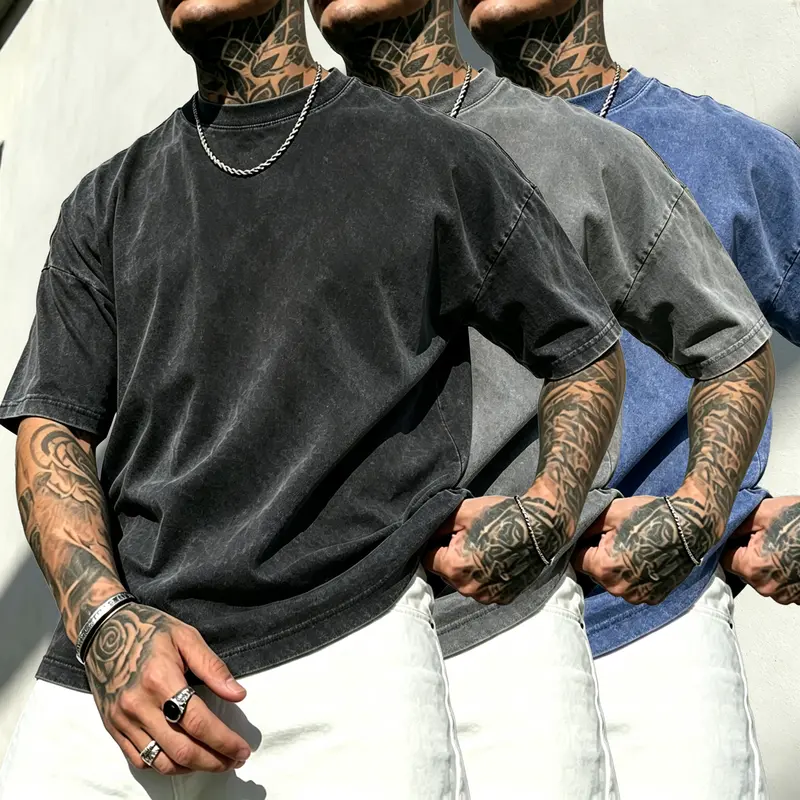 Men’s Heavyweight Oversize Crew Neck Casual Basic T-Shirts (1-3 Packs) - Washed Finish Lived-In Look, Vintage Distressed Alternative Grunge Streetwear, Loose Fit Denim Shades Black+Coffee Polyester Menswear Tops