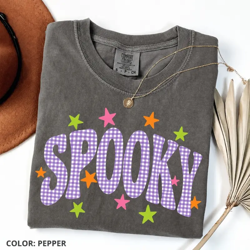 Comfort Colors Cute Halloween Shirt Spooky Graphic Tee, Pastel Halloween Shirt, Pink Purple Gingham Trendy Fall, Gift For Her, Preppy