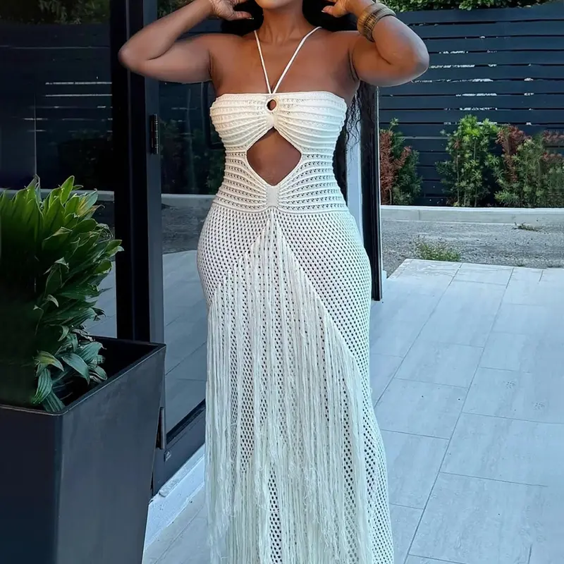 Women's Crochet Knit Breathable Maxi Dress with Fringe Tassel Sexy see through Cutout Halter Backless Boho Chic Casual Style Beach Party Vacation Summer Outfit Resort Wear Club Party Dress