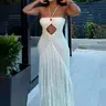 Women's Crochet Knit Breathable Maxi Dress with Fringe Tassel Sexy see through Cutout Halter Backless Boho Chic Casual Style Beach Party Vacation Summer Outfit Resort Wear Club Party Dress