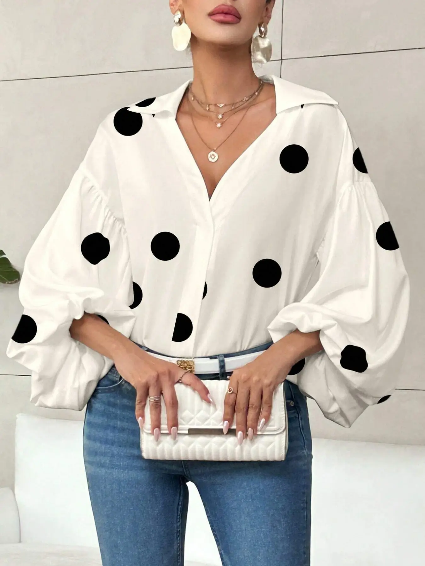 Women's French Polka Dot Blouse, Fitted Round Neck Lantern Sleeve Shirt, Casual Blouse Shirts, Casual Everyday Top, Casual Vacation Commute Wear, Spring & Fall Fashion, Blouses Shirts Tops