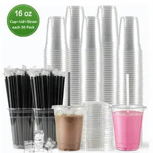 16oz Clear Plastic Cup with Straw & Lid, 50 Sets Disposable Coffee Cup, Disposable Tableware for Party & Takeaway Drink, Plastic Clear Cups, Individual Cups
