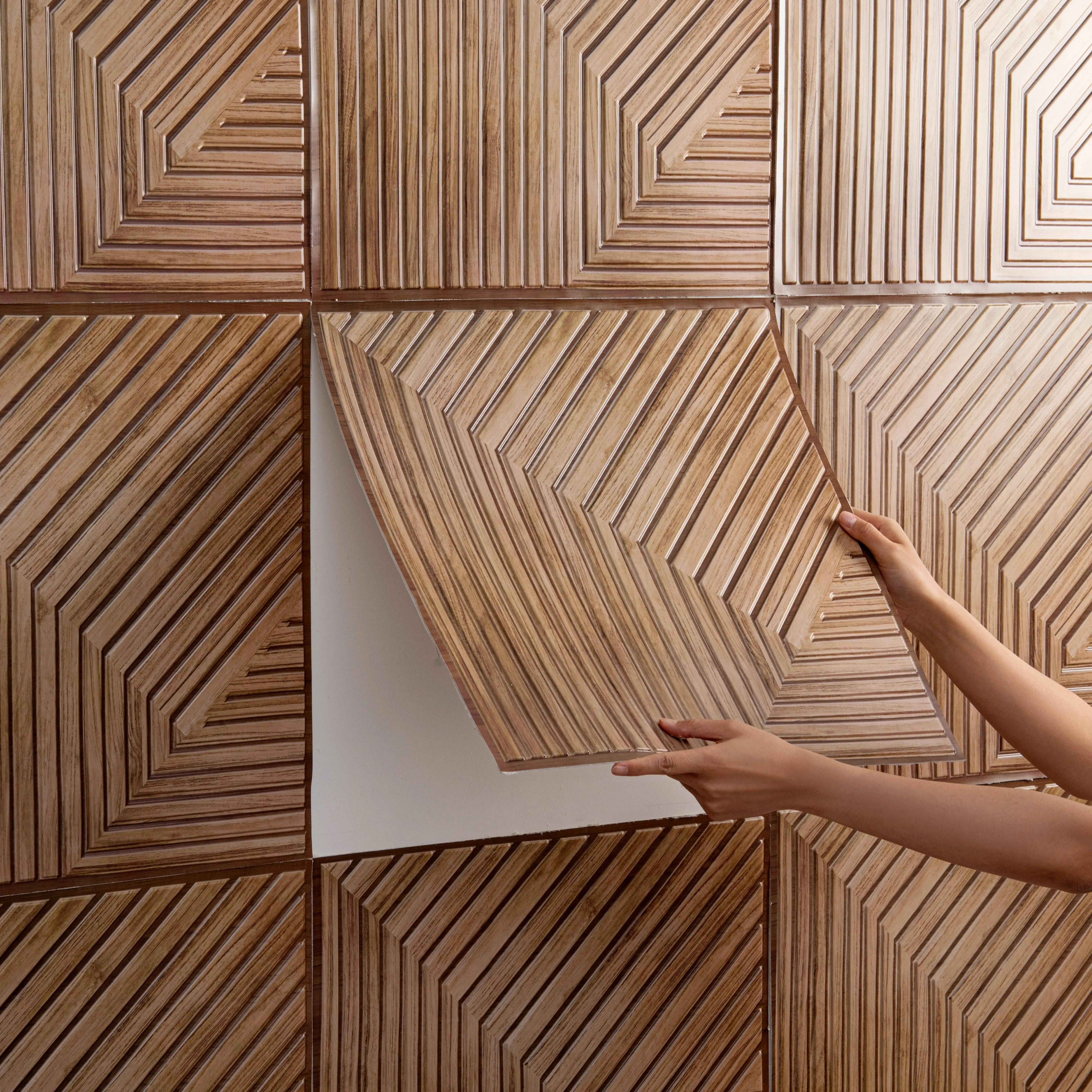 BRODARK 10 Pieces Box Set 3D Geometric Striped PVC Wall Panels (50x50cm/19.7x19.7in) - Adhesive, Waterproof, Fireproof, Moisture-Proof, Soundproof, Easy-Clean Contemporary Wall Decor for Living Room, Kitchen, Game Room