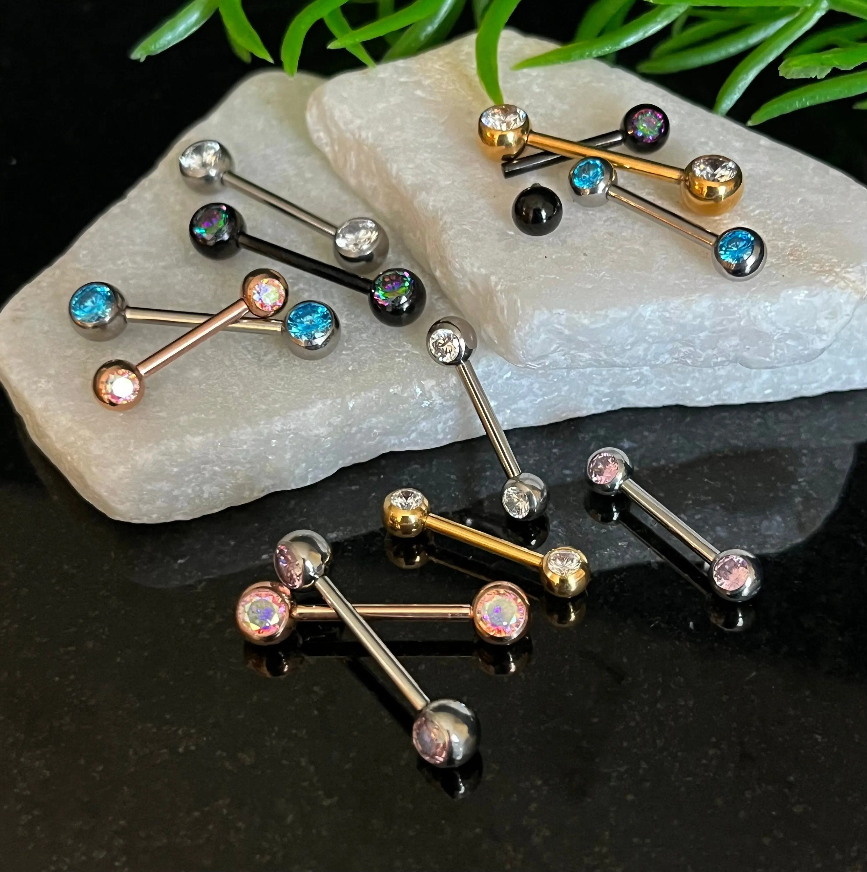 PAIR of Stunning Implant Grade Titanium Front CZ Gem Internally Threaded Industrial Barbell Rings - 14g - Length 12mm or 16mm